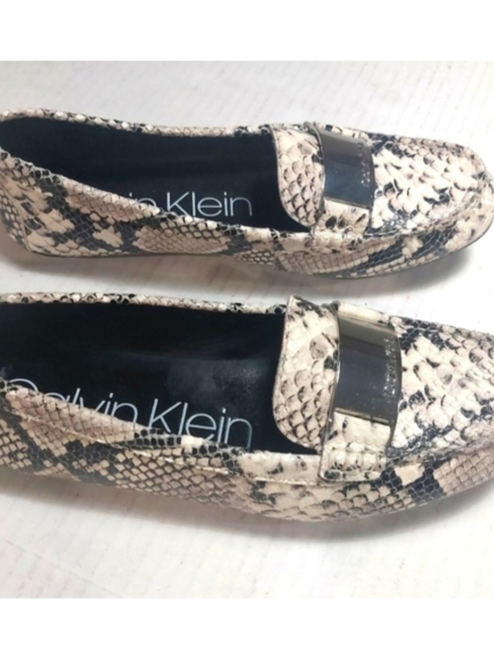 Calvin Klein Women's Snake-Print Loafers in Cream and Black